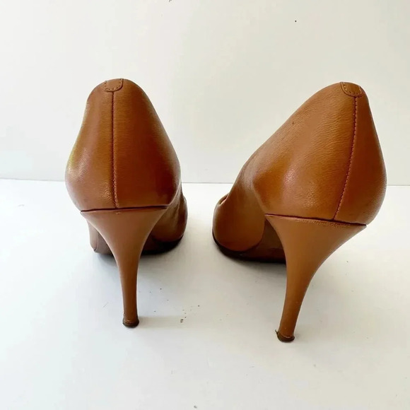 J. CREW Size 6 Tan Dark Brown Leather Round Toe Stiletto Heels - Picture 2 of 8